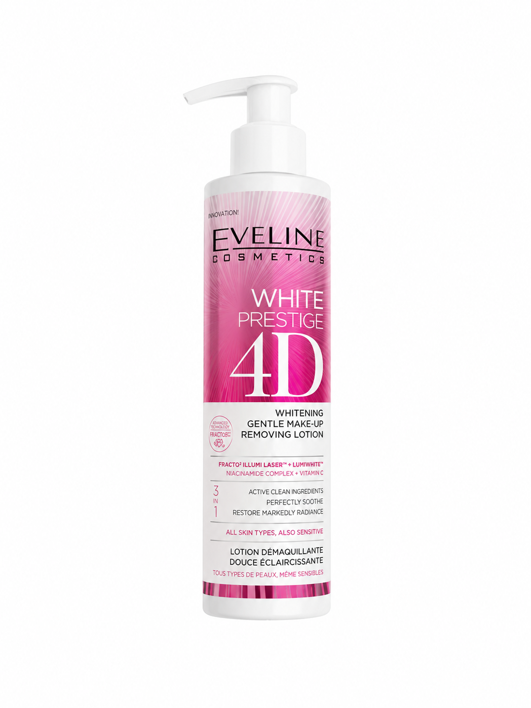 لوسیون پاک‌کننده آرایش 4 کاره روشن‌کننده اولاین Eveline White Prestige 4D حجم 200 میلی‌لیتر