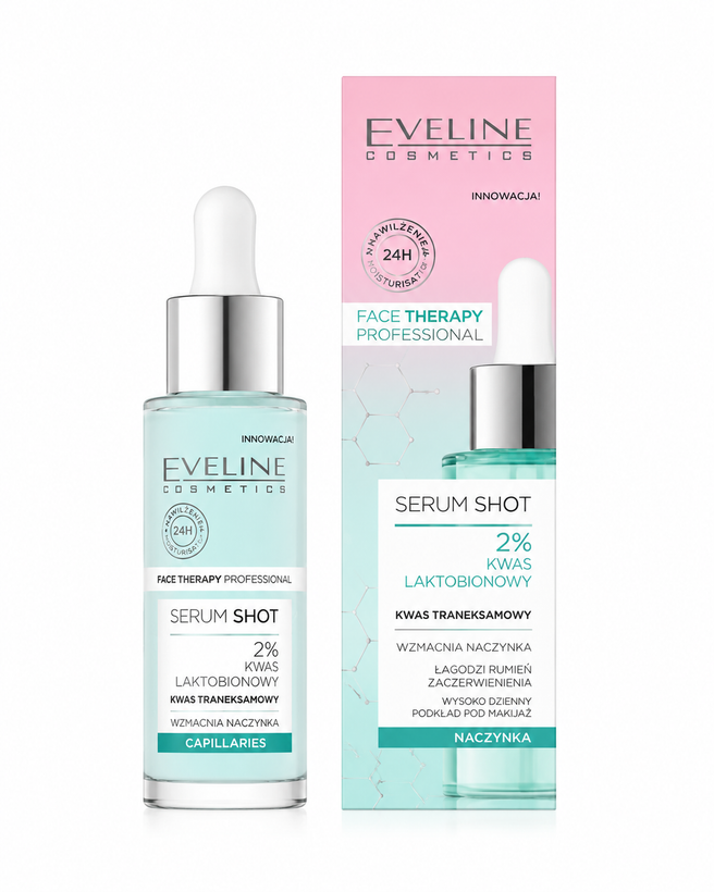 سرم ضد قرمزی و تقویتکننده مویرگهای پوست اولاین Serum Shot 2% اسید لاکتوبیونیک و ترانکسامیک اسید حجم 30 میلیلیتر