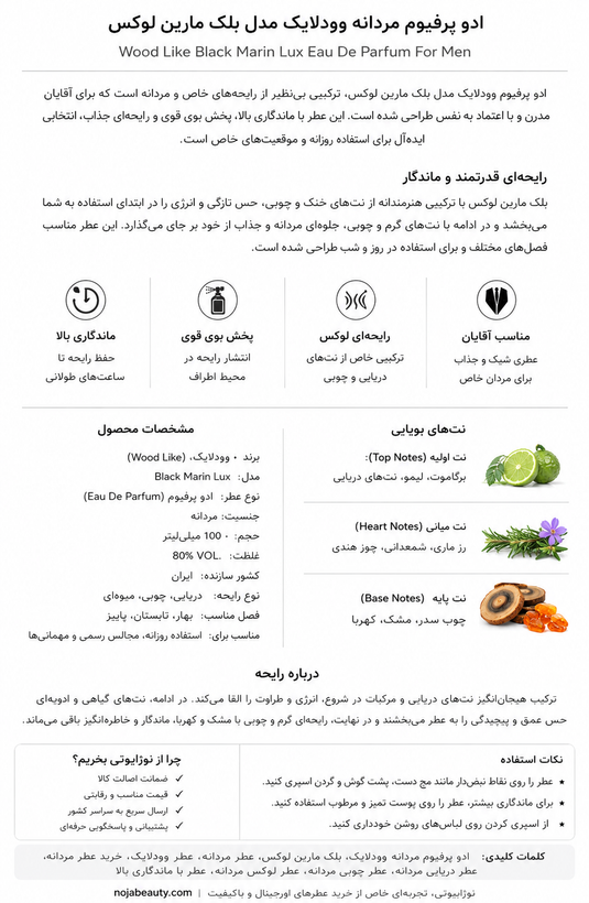 ادو پرفیوم مردانه وودلایک مدل بلک مارین Black Marin با رایحه دریایی و چوبی، مناسب آقایان، به همراه جعبه محصول.