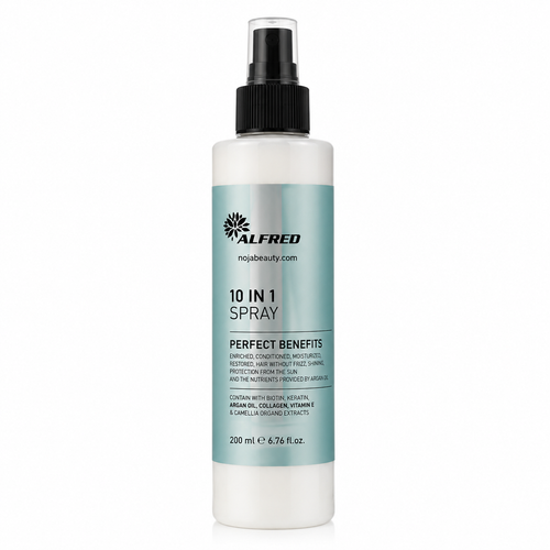 اسپری 10 کاره مو آلفرد مدل 10 In 1 Spray حجم 200 میلیلیتر، حاوی کراتین، بیوتین، روغن آرگان، کلاژن و ویتامین E، مناسب انواع مو.