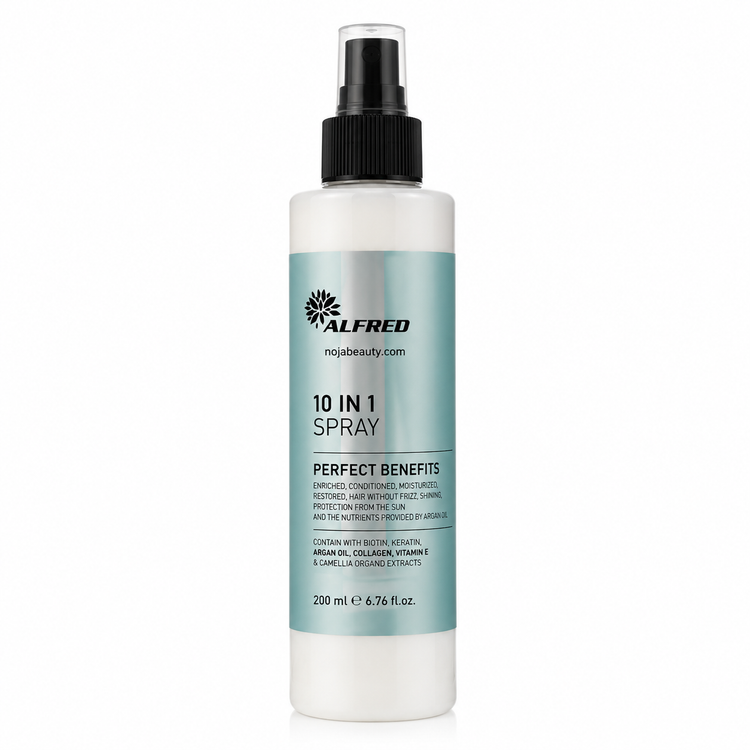 اسپری 10 کاره مو آلفرد مدل 10 In 1 Spray حجم 200 میلیلیتر، حاوی کراتین، بیوتین، روغن آرگان، کلاژن و ویتامین E، مناسب انواع مو.