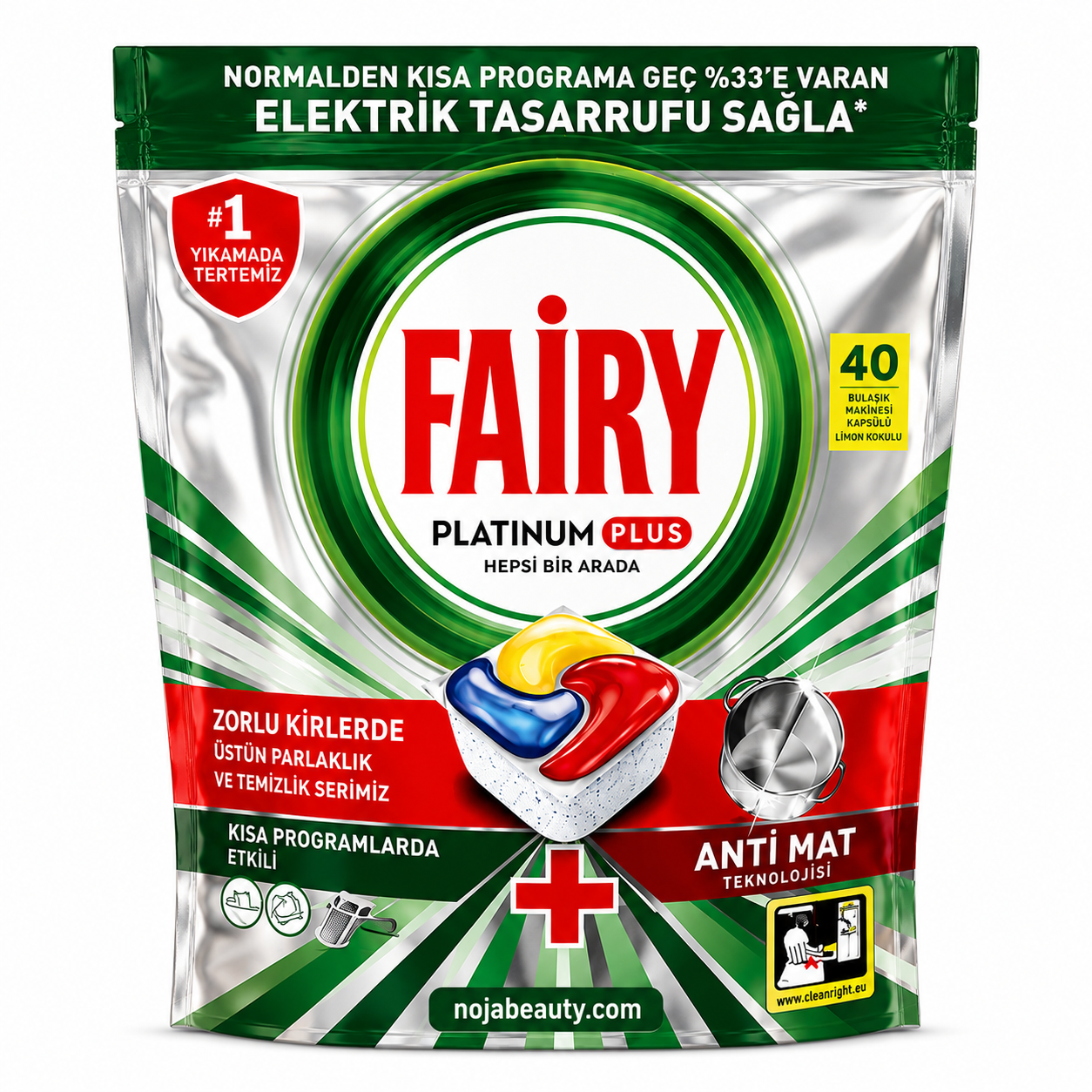 قرص ماشین ظرفشویی فیری Fairy Platinum Plus پلاس ۴۰ عددی با رایحه لیمو، مناسب شست‌وشوی ظروف و از بین بردن لکه‌ها و چربی‌های سرسخت