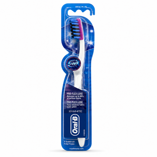 مسواک اورال-بی Pro-Flex Luxe 3D White با برس متوسط و طراحی سفید و آبی مناسب پاکسازی دندانها