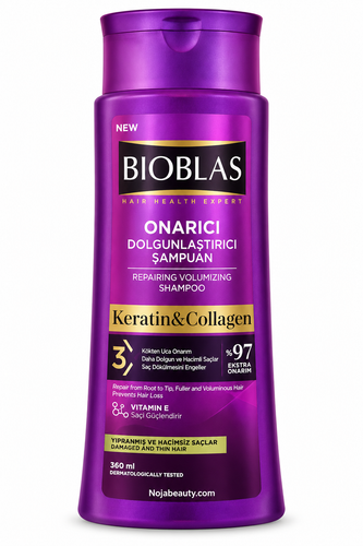شامپو ترمیم کننده و حجم دهنده بایوبلاس مدل Keratin & Collagen حجم ۳۶۰ میلیلیتر