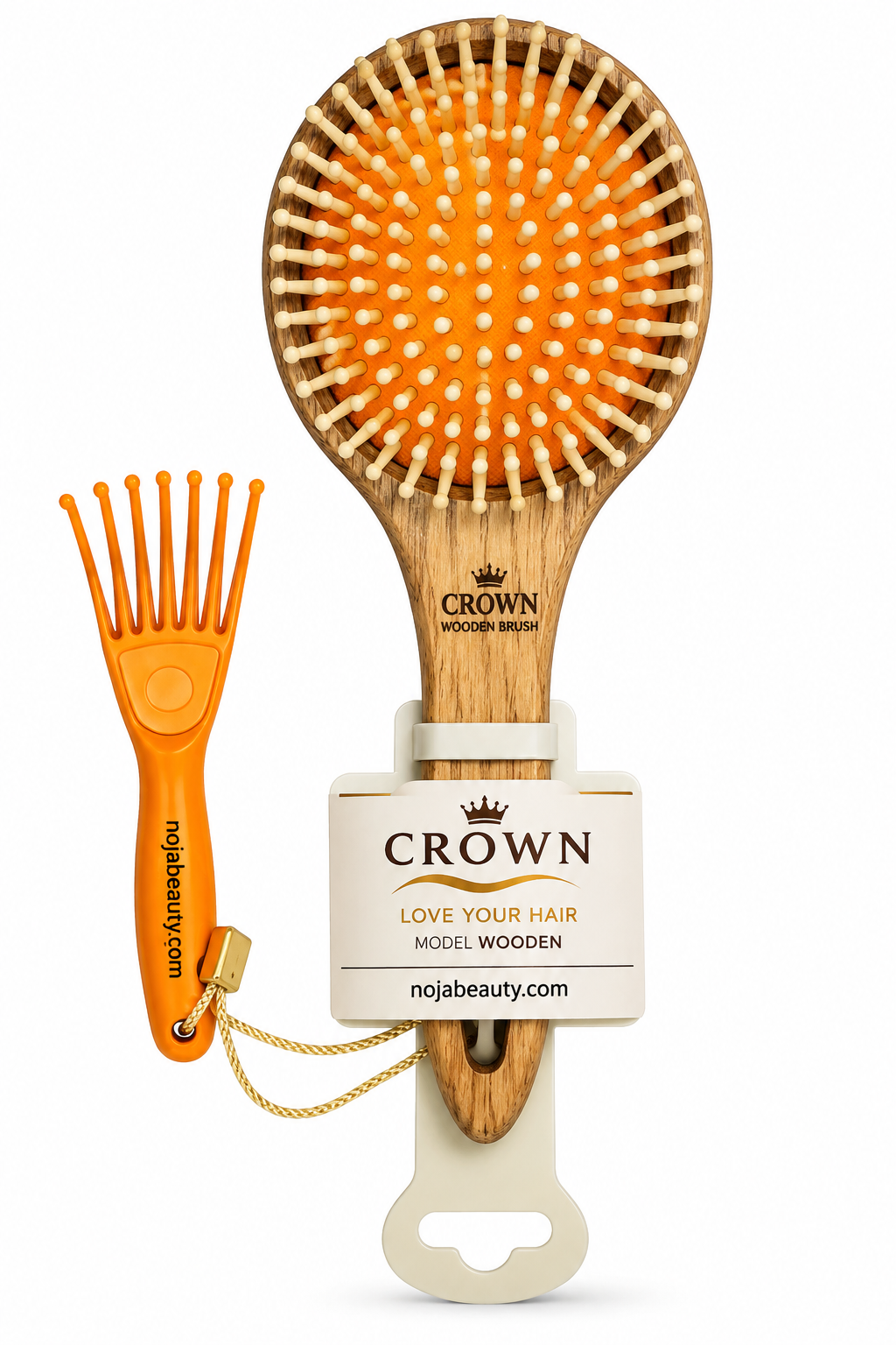 برس چوبی مو کرون مدل Wooden Brush با پد نارنجی و شانه جداکننده