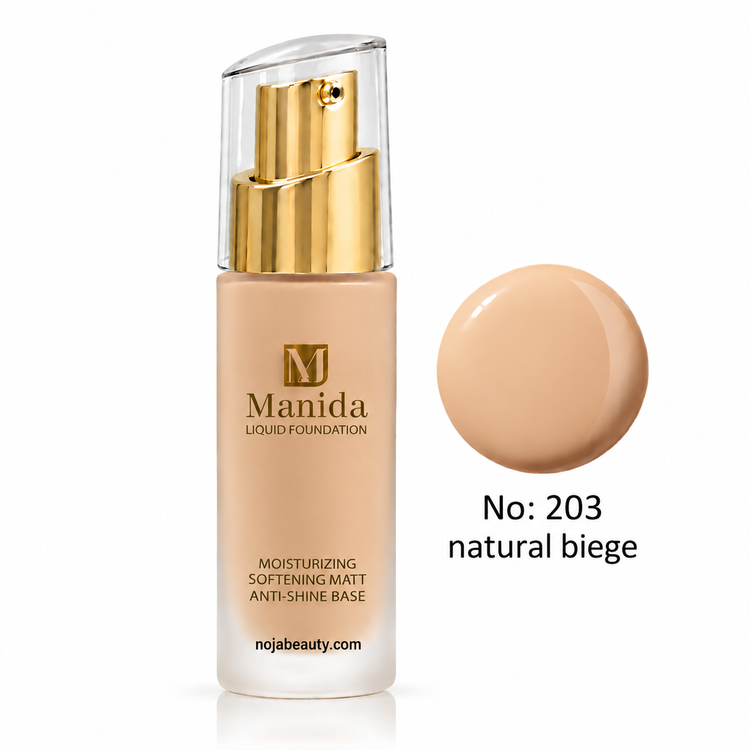 خرید و قیمت کرم پودر مایع مانیدا مدل Liquid Foundation با جلوه مات و ضد براقی