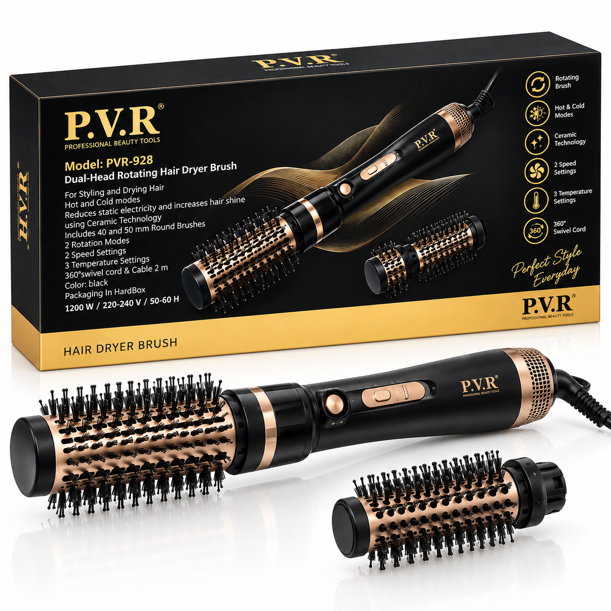 برس سشوار چرخشی دوطرفه P.V.R مدل PVR-928 با دو سری 40 و 50 میلی‌متری