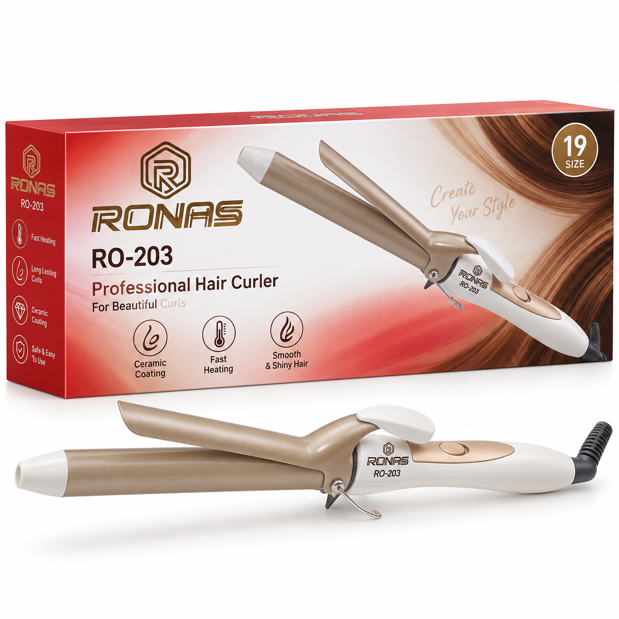 موفرکن حرفه‌ای روناس مدل RO-203 سایز 19 میلی‌متر برای ایجاد فرهای زیبا و ماندگار
