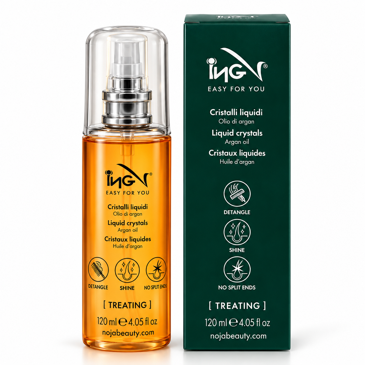 روغن آرگان آی‌ان‌جی ING مدل Cristalli Liquidi حجم ۱۲۰ میلی‌لیتر مناسب انواع مو برای درخشندگی، باز کردن گره و کاهش موخوره