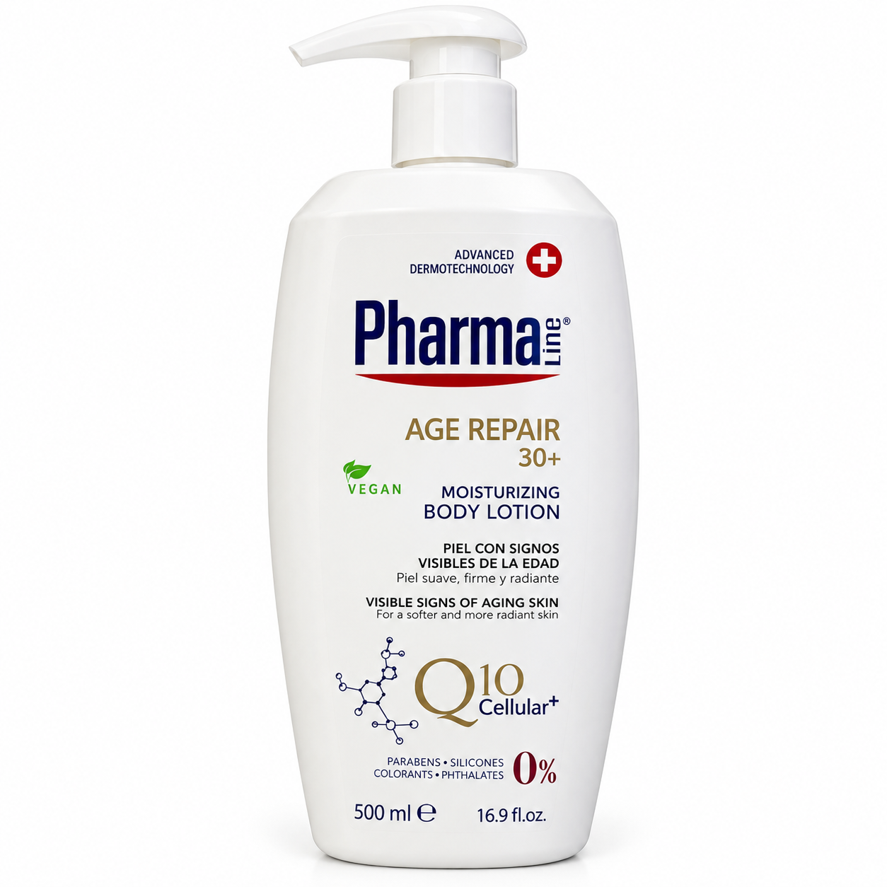 لوسیون بدن فارمالاین Pharma Line Age Repair 30+ حاوی Q10 حجم ۵۰۰ میلی‌لیتر