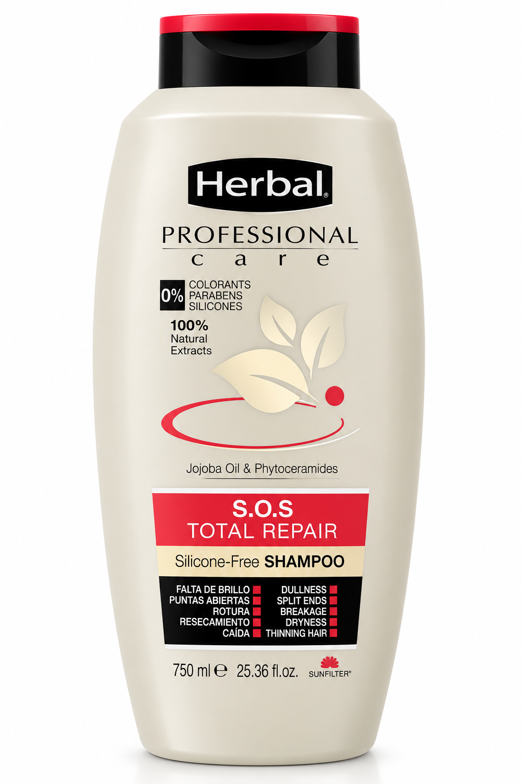 شامپو ترمیم‌کننده هربال Herbal Professional Care S.O.S Total Repair حاوی روغن جوجوبا و فیتوسرامید مناسب موهای آسیب‌دیده حجم ۷۵۰ میلی‌لیتر