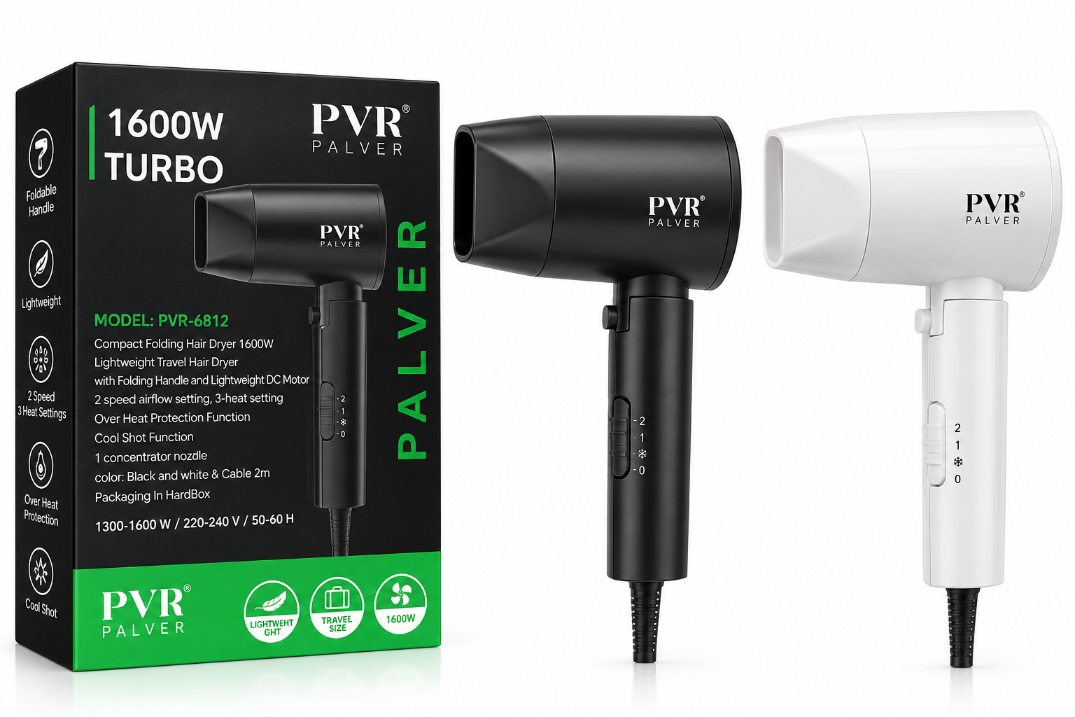 سشوار کامپکت تاشو پالور مدل PVR-6812 با توان ۱۶۰۰ وات در دو رنگ مشکی و سفید