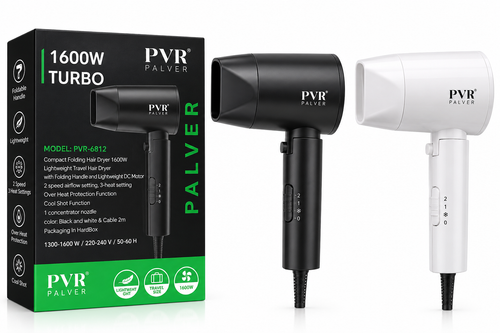 سشوار کامپکت تاشو پالور مدل PVR-6812 با توان ۱۶۰۰ وات در دو رنگ مشکی و سفید