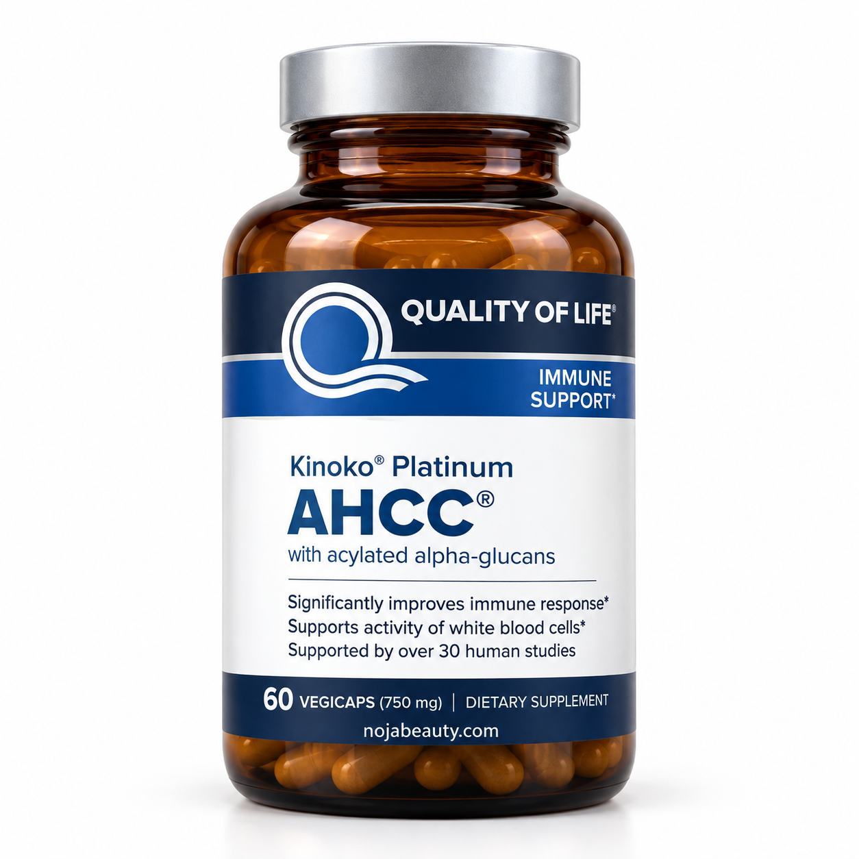 بطری مکمل غذایی کینکو پلاتینیوم AHCC برند کوالیتی آو لایف، حاوی ۶۰ کپسول گیاهی ۷۵۰ میلی‌گرمی، نوژابیوتی