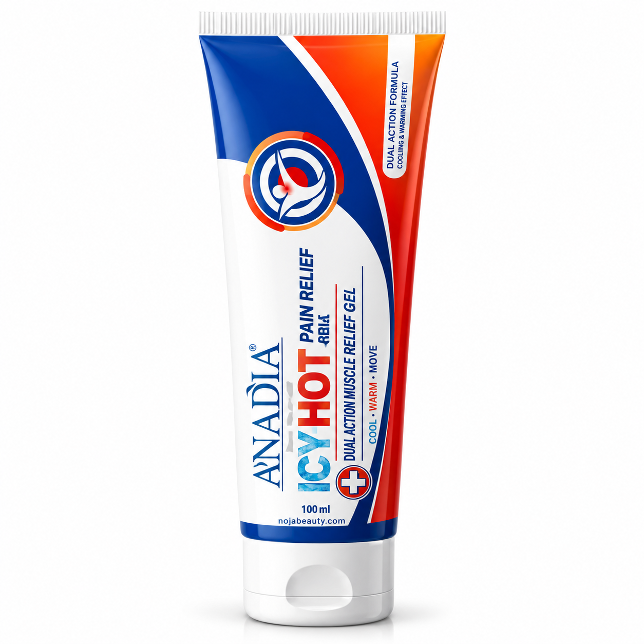 ژل ضد درد عضلات آنادیا آیس هات با عملکرد دوگانه خنک‌کننده و گرم‌کننده، تیوب سفید با طرح آبی و قرمز، حجم ۱۰۰ میلی‌لیتر، نوژابیوتی