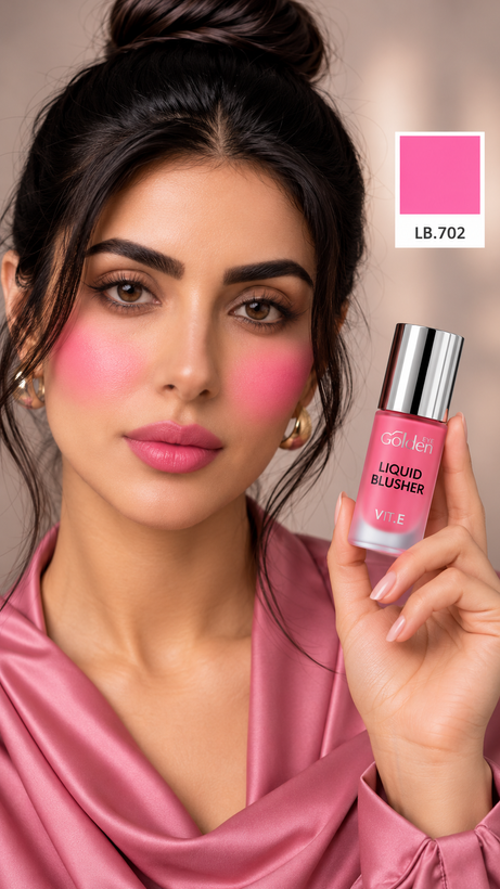 رژگونه مایع گلدن آی با بطری صورتی و درپوش نقرهای، فروشگاه نوژابیوتی